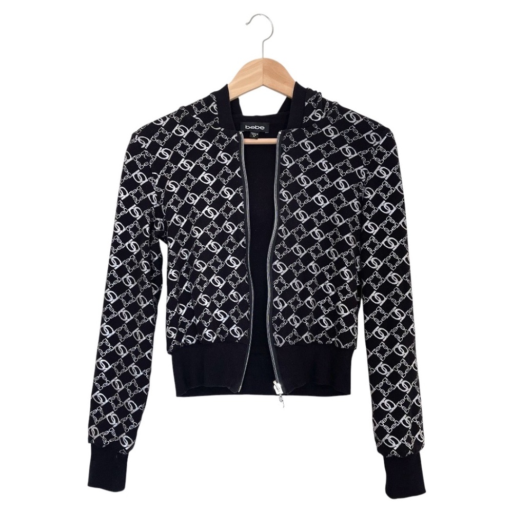 bebe Black and Silver Logo Print Full Zip Cropped Hoodie. Size: Medium